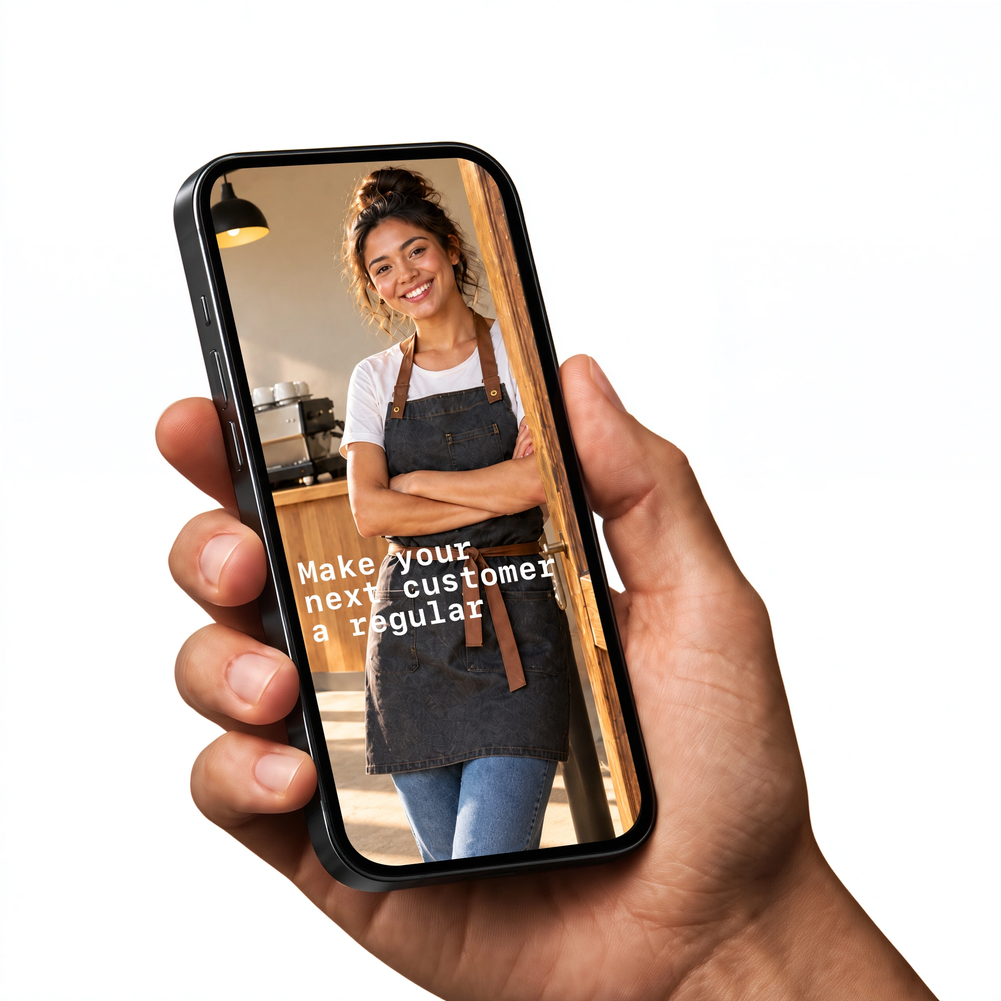Hand holding an iPhone displaying a café owner with the headline Make your next customer a regular