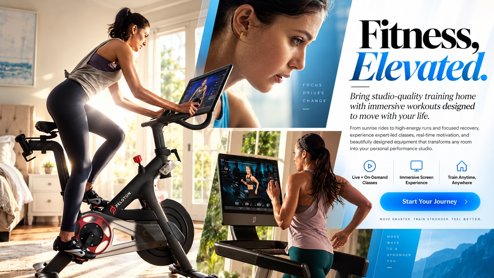 Fitness Elevated campaign featuring at-home cycling and treadmill workouts